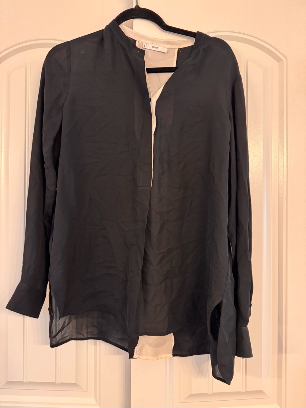 Vince Black and Cream Two-Tone button up sheer blouse, 100% silk, medium
